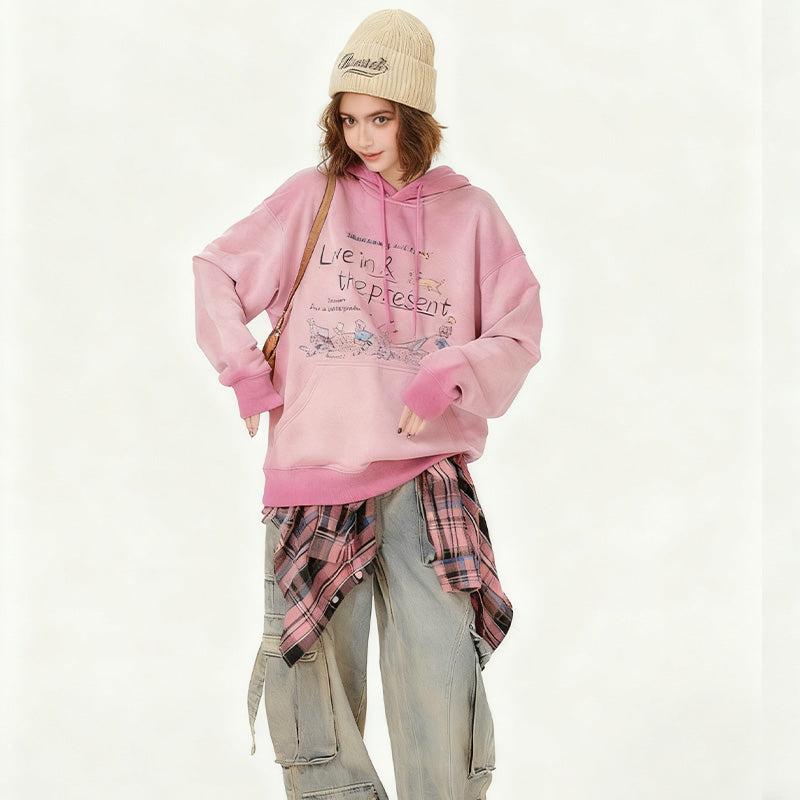 REINAREA Women’s American Retro Hooded Sweatshirt - Printed, Washed Vintage Loose Top