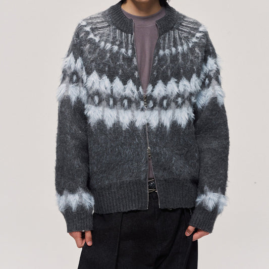 Faux Mohair Blend Long-Pile Fair Isle Sweater Cardigan (Black White, Blue Gray)