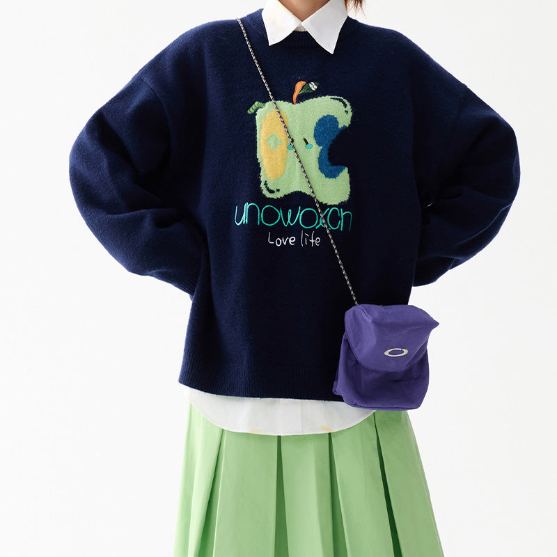 REINAREA Unisex Apple-Embroidered Knit Crewneck Top / Couple Outfits (Green, Gray, Navy Blue, White)