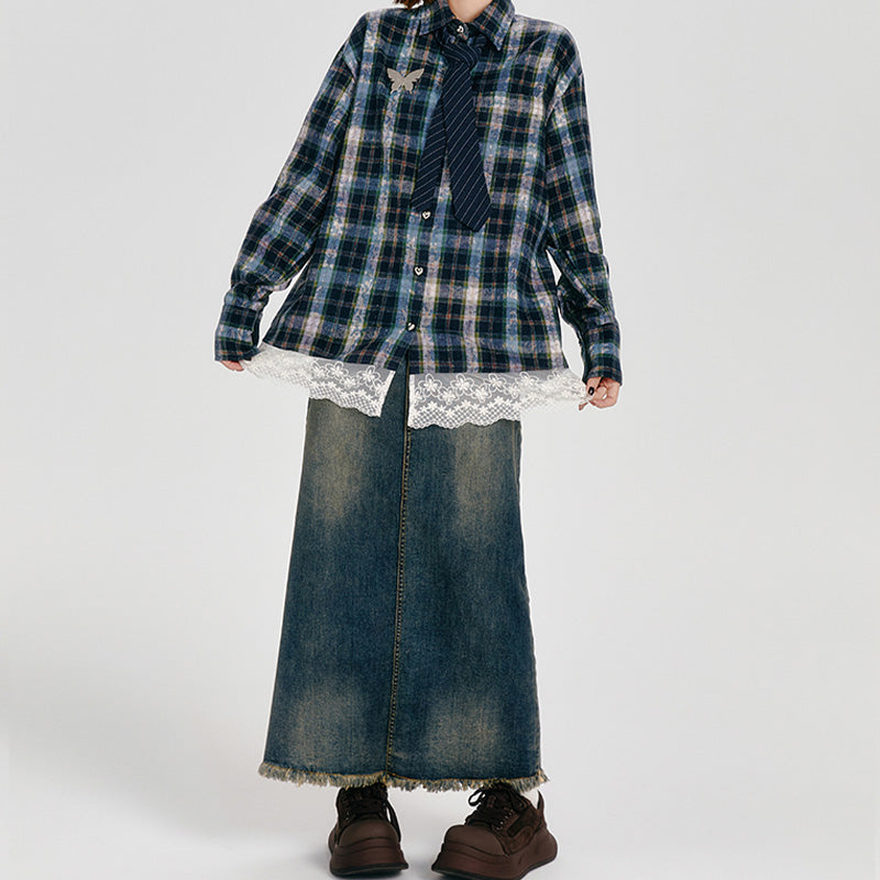 REINAREA Women’s American Retro Plaid Long-Sleeve Shirt  Loose Fit with Lace Trim Patchwork Blouse【069】
