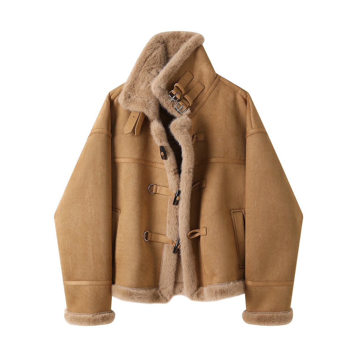 REINAREA Women's Fur Integrated Shearling Jacket Winter Suede Biker Short Stand Collar Coat