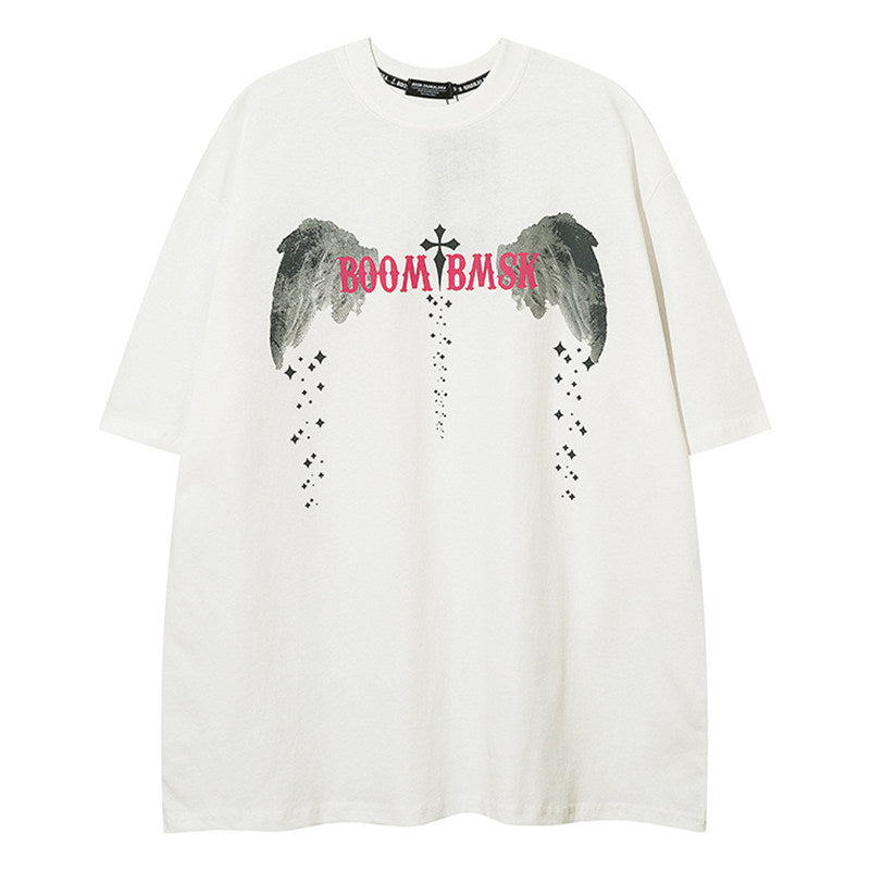 REINAREA Ink Wash Painting Angel Wings Print T-Shirt Unisex American Street Style Cotton Short-Sleeve Top