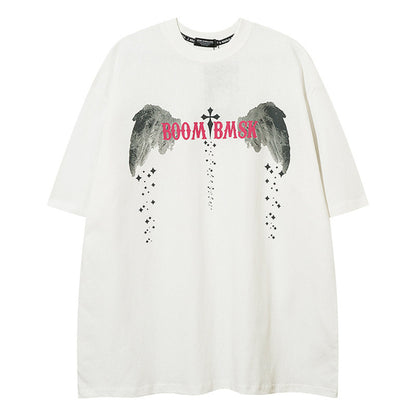 REINAREA Ink Wash Painting Angel Wings Print T-Shirt Unisex American Street Style Cotton Short-Sleeve Top