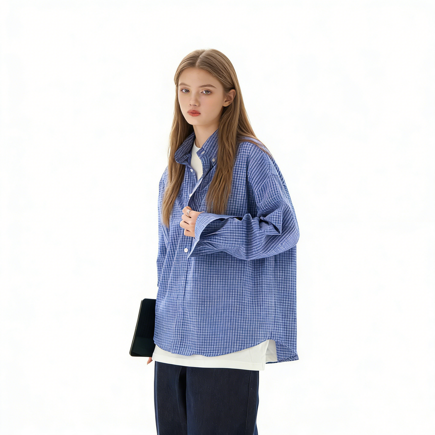 REINAREA Unisex American Retro Blue Plaid Long-Sleeve Shirt - Casual Couple Style Shirt Jacket【070】