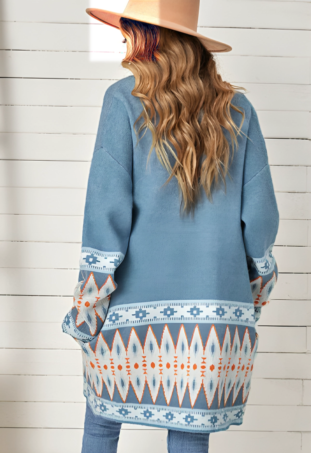 Fresh Print Long Sleeve Blue Cardigan