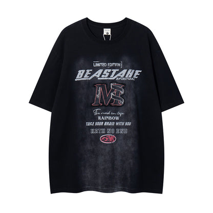 REINAREA American Streetwear Crew Neck Short-Sleeve T-Shirt Washed Vintage Half-Sleeve Top【041】