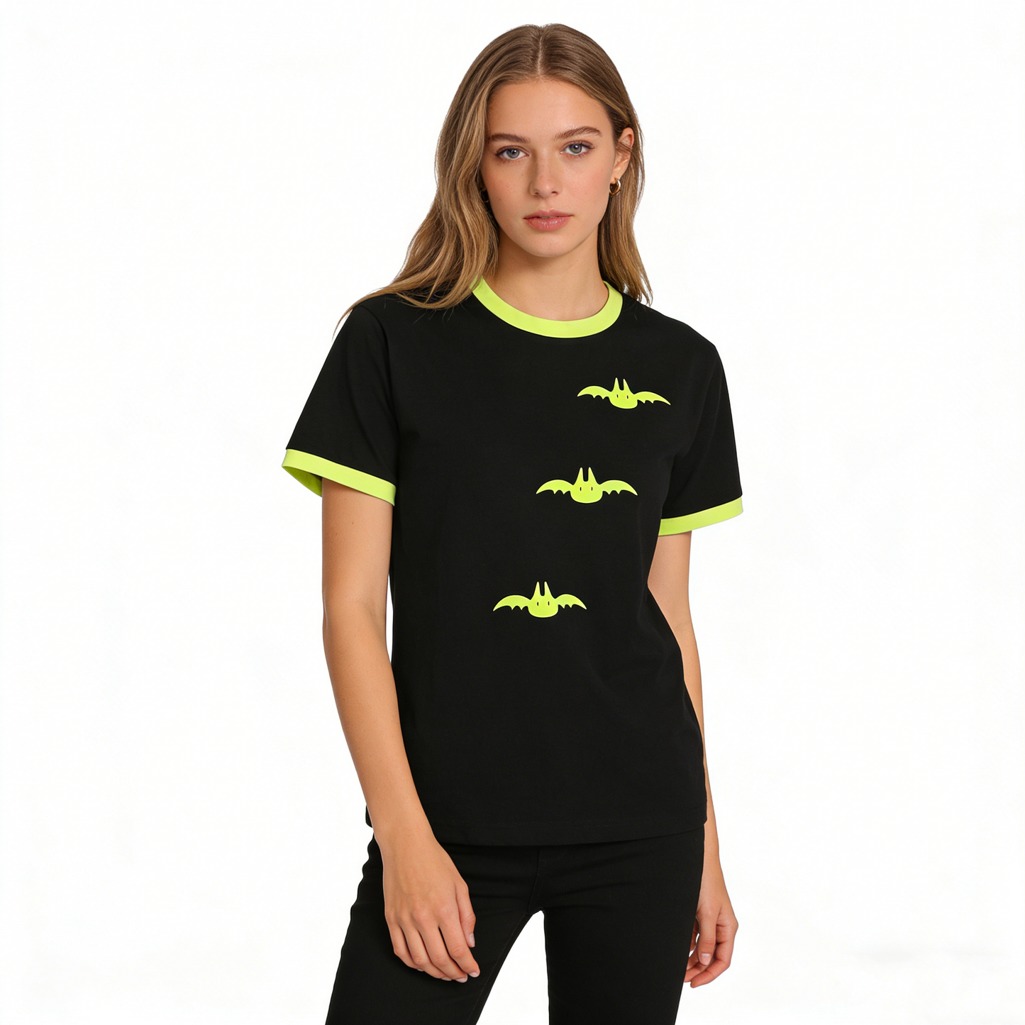 REINAREA Cute Bat Pattern Ringer T-Shirt Black & Neon Green Short Sleeve Crew Neck Tee Unisex