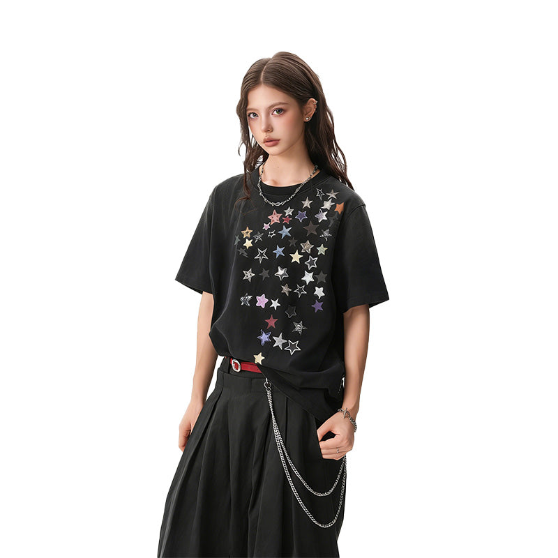 REINAREA Unisex Star-Printed Short-Sleeve T-Shirt Casual Couple’s Half-Sleeve Top