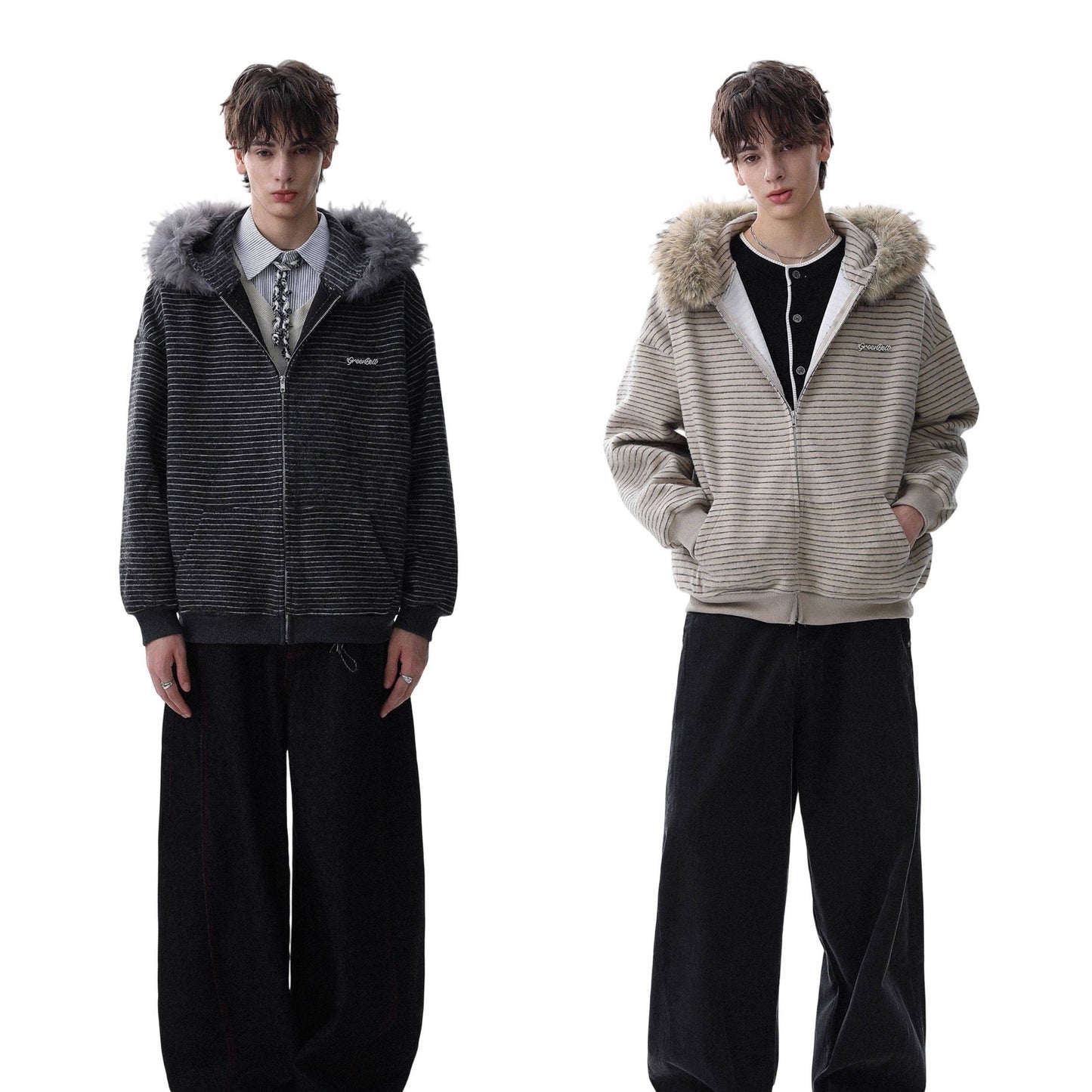 REINAREA Men's Striped Fleece Hoodie Zippered Cardigan with Removable Fleece Collar