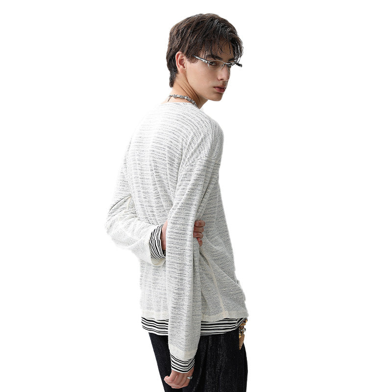 REINAREA Unisex Distressed Striped Layered-Look Long-Sleeve T-Shirt Casual Top