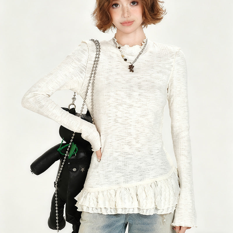 REINAREA Vintage Lace-Paneled Crewneck Long-Sleeve T-Shirt
