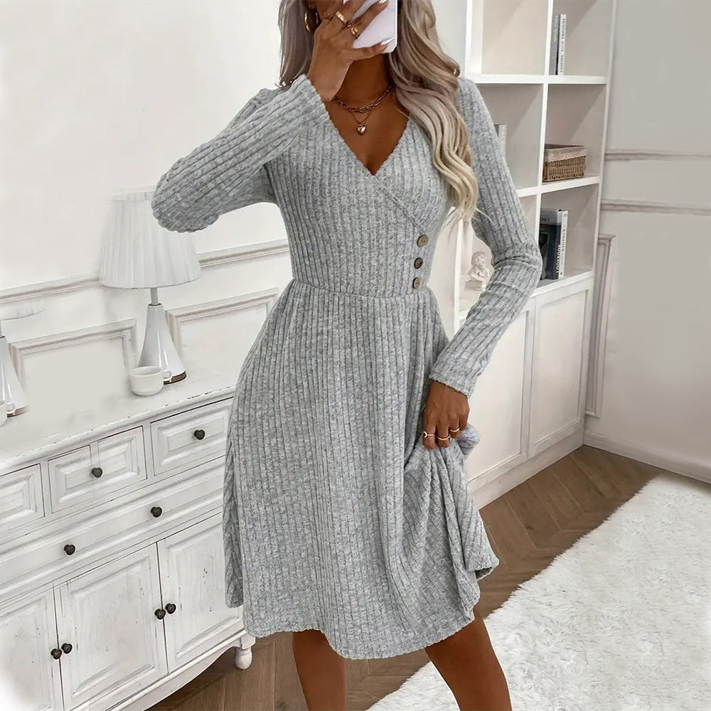 Solid V-Neck Stitched Sweater Dress