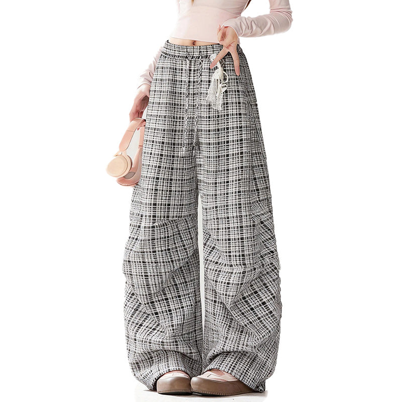 REINAREA New Spring Summer Women's Plaid Curved Pants Pleated Elastic Waist Trousers