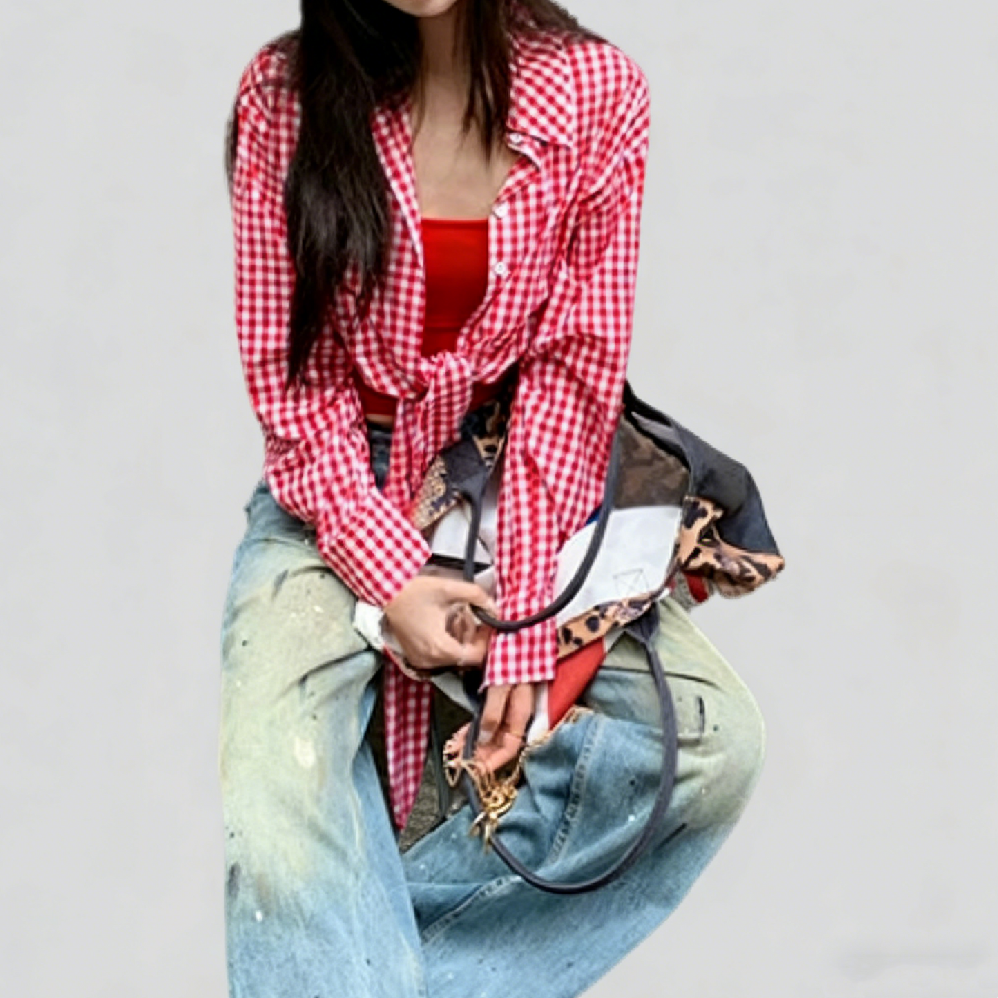 REINAREA New Spring Summer Women's Retro Y2K Red Plaid Shirt