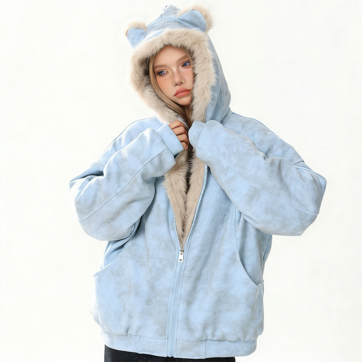REINAREA Women's Bear Ear Suede Coat Faux Fur Collar Warm Cotton Jacket
