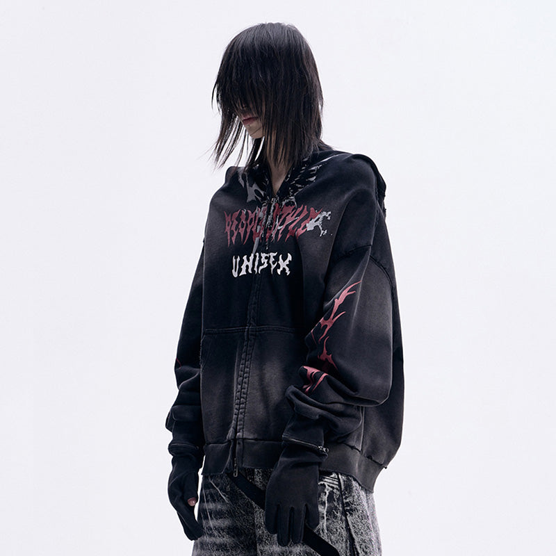 REINAREA Dirt-stained face mask, detachable gloves, hooded sweatshirt Unisex jacket(black,red)