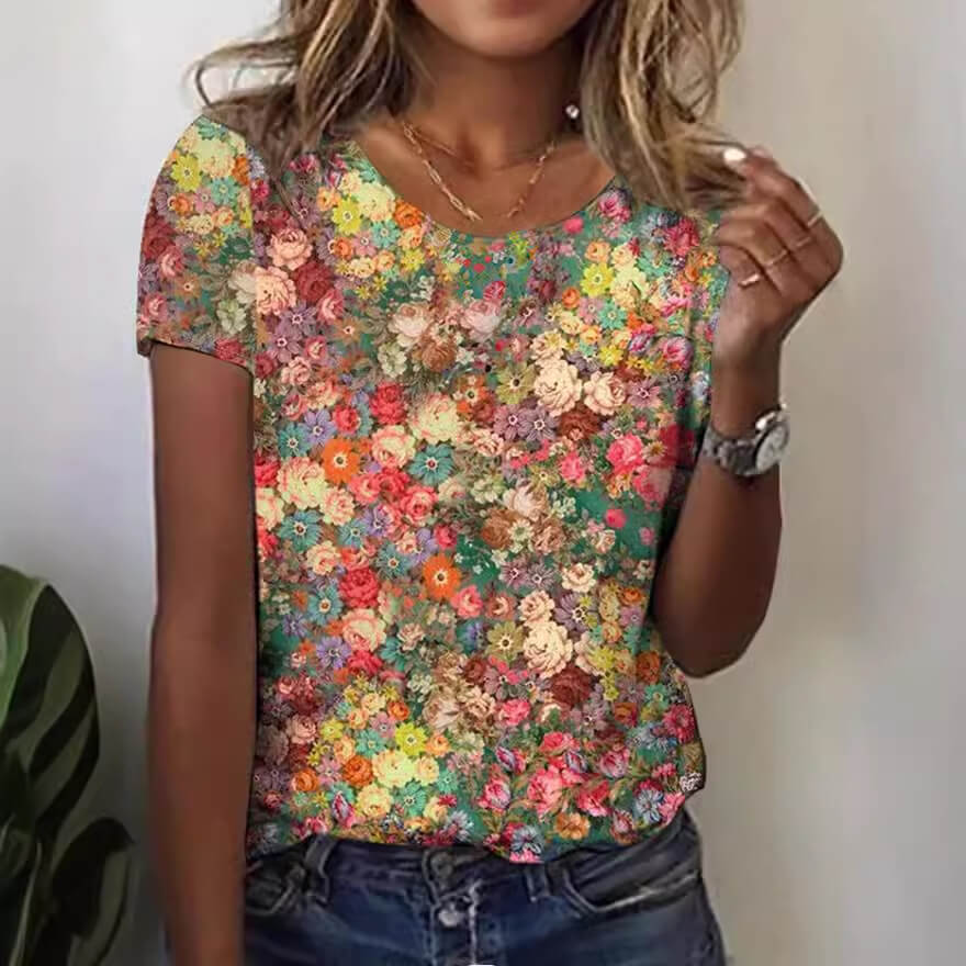 Colorful Printed Round Neck Short Sleeve Top