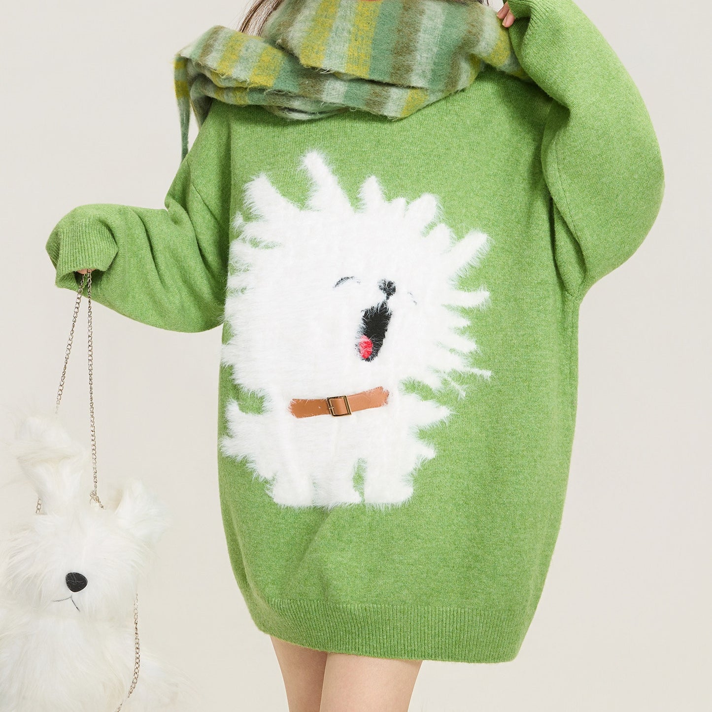 REINAREA Puppy Jacquard Sweater Women’s Green Loose-Fit Knit Top for Fall & Winter【086】