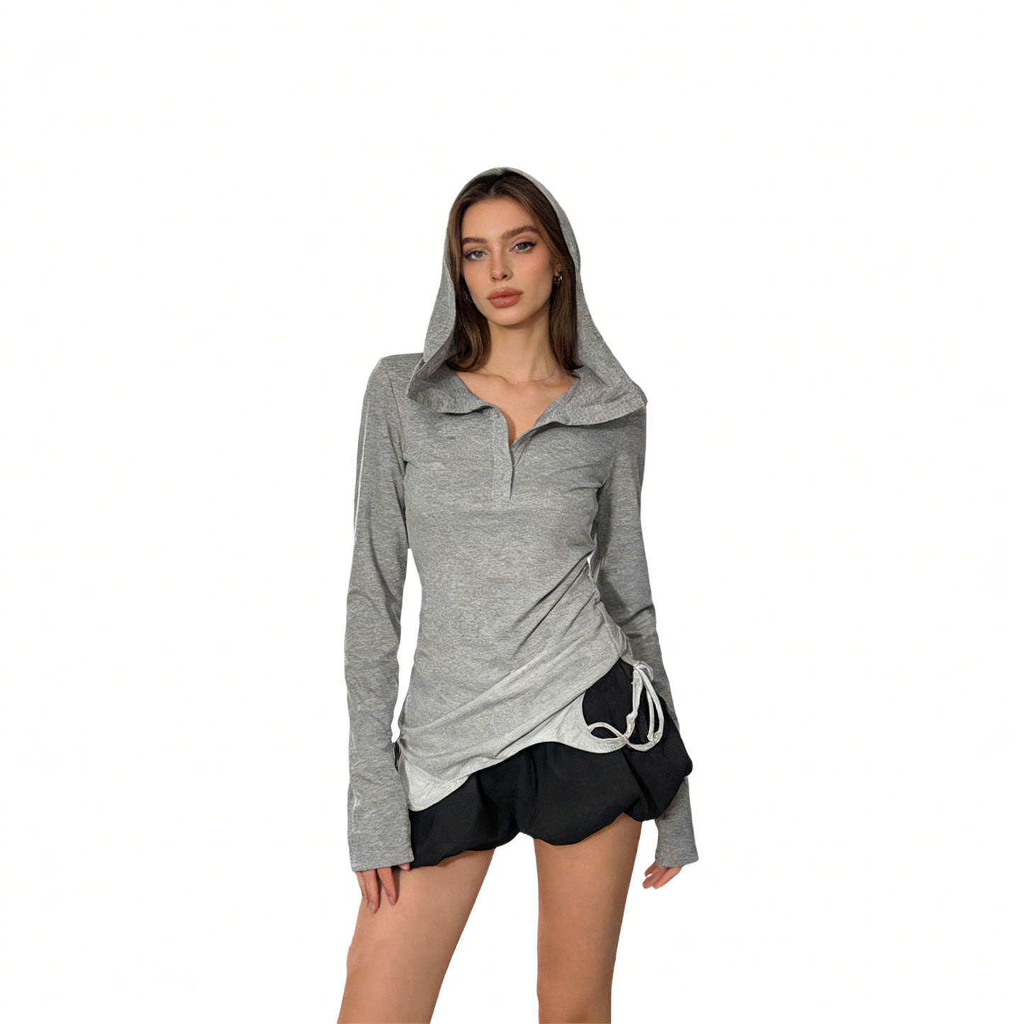 REINAREA American Y2K Style White Hooded Layering Top Women’s Long Sleeve T-Shirt【107】