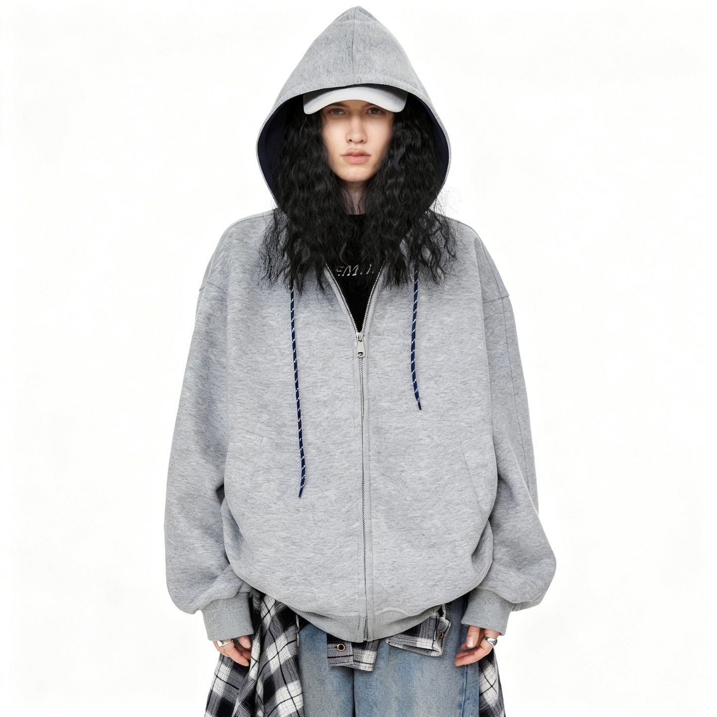 REINAREA Fleece-Lined Hooded Loose Sweatshirt Cardigan(Gray,Navy Blue,Dark Gray)