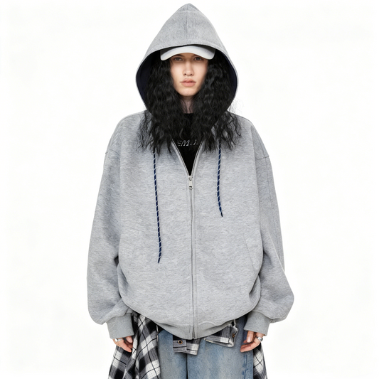 REINAREA Fleece-Lined Hooded Loose Sweatshirt Cardigan(Gray,Navy Blue,Dark Gray)