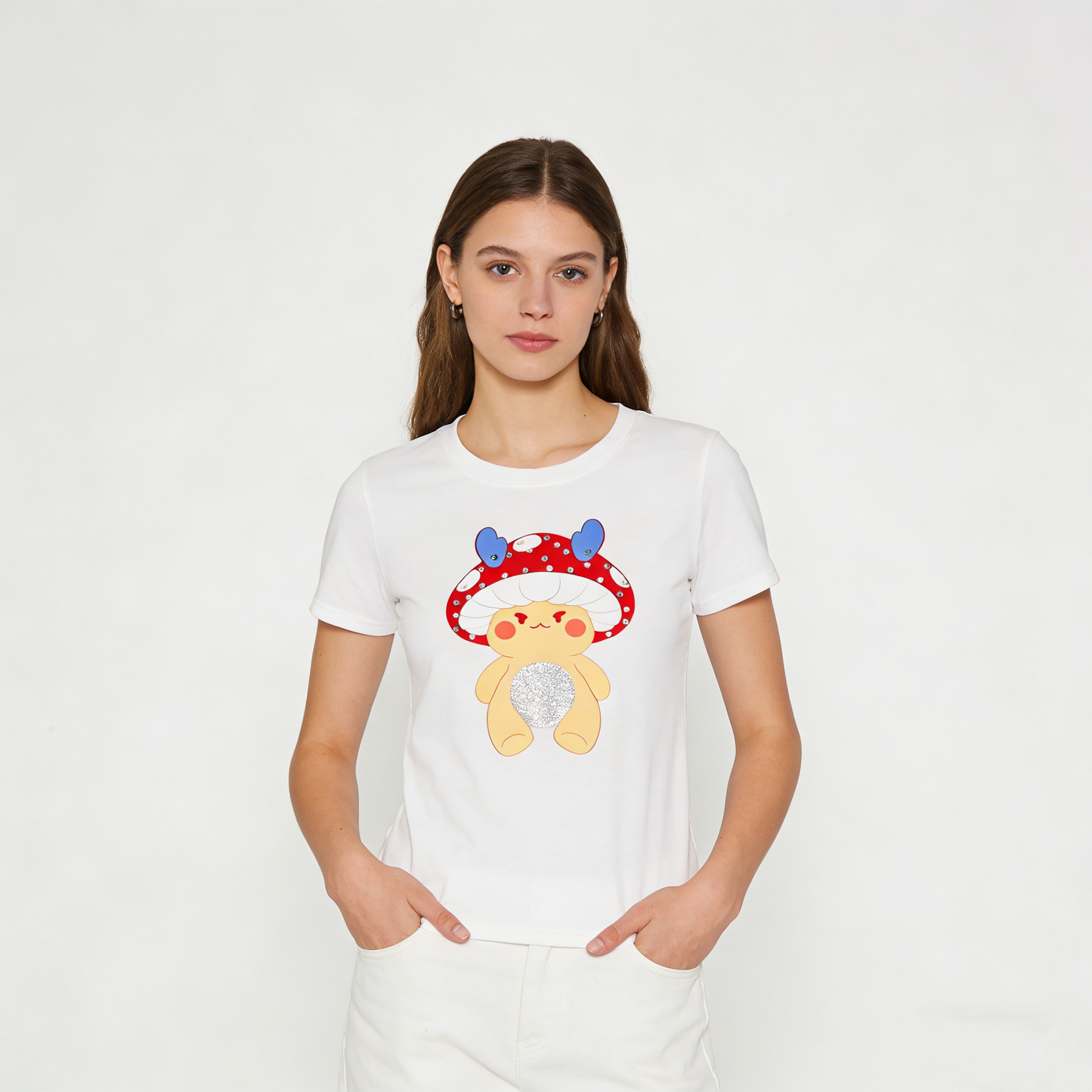 REINAREA Cartoon Mushroom Print Short-Sleeve T-Shirt - Women’s Summer American-Style Regular Fit Cropped Top