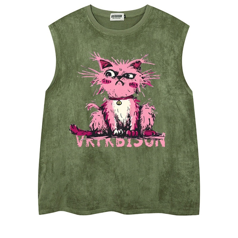 REINAREA Hand-Painted Cat Print Suede Sleeveless T-Shirt - Unisex Athletic Tank Top【076】