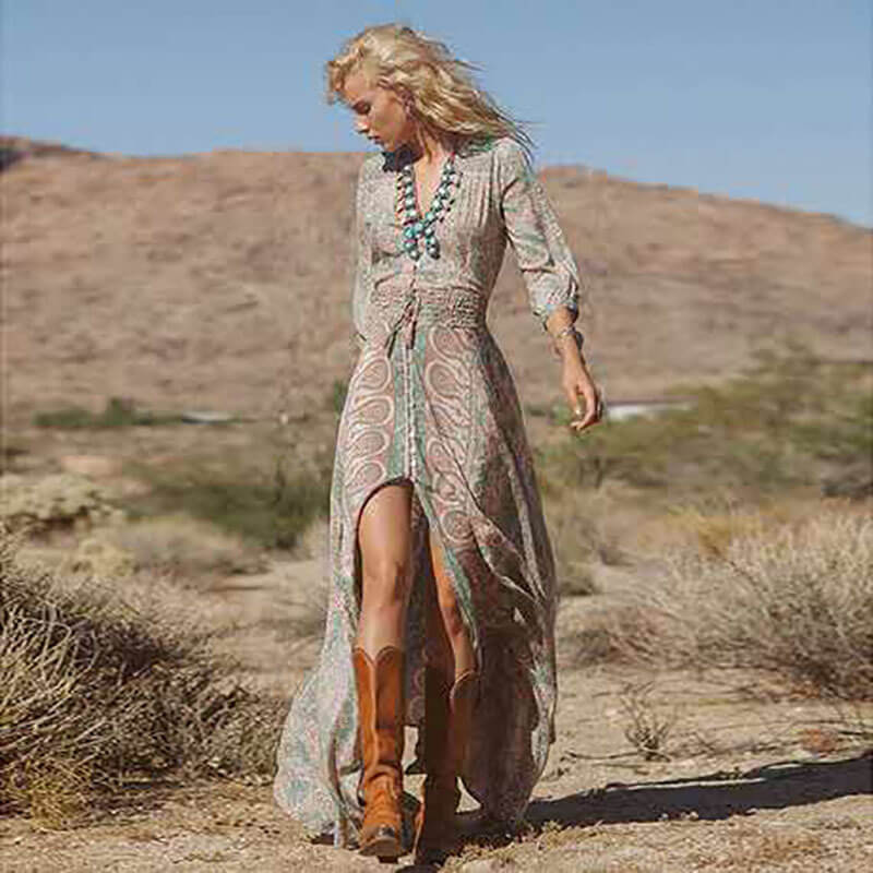 Bohemian Printed Fringed Long Sleeve Dress