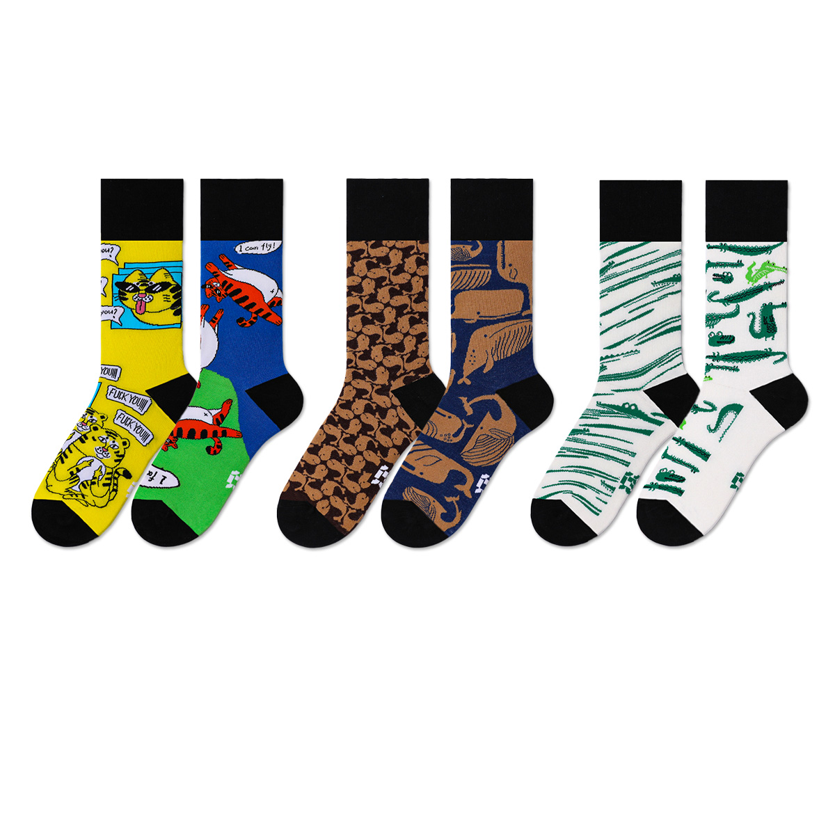REINAREA Cartoon Pattern AB Asymmetrical Socks for Men & Women - Unique Mid-Calf Style Gift【065】