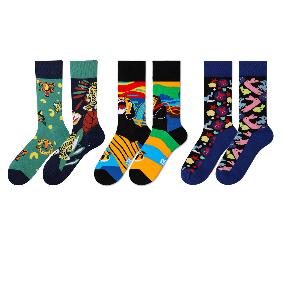 REINAREA Cartoon Pattern AB Asymmetrical Socks for Men & Women - Unique Mid-Calf Style Gift【065】