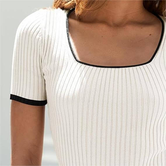 Square Neck Color Block Slim Fit Ribbed Knit T-Shirt