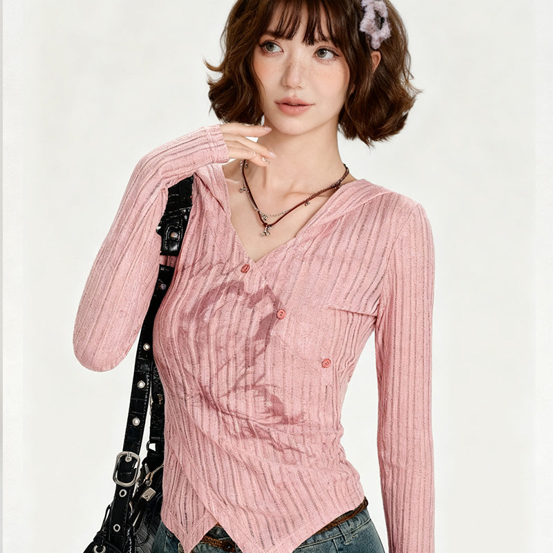 REINAREA Printed Hooded Long Sleeve T-Shirt Asymmetrical Top