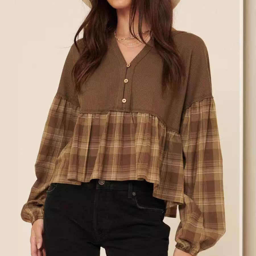 New Colorblocked Knit Plaid Long Sleeve Shirt