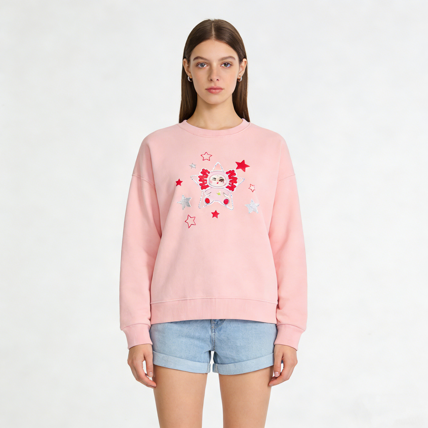 REINAREA Cute Cartoon Character Print Polo Sweatshirt Long-Sleeve Casual Pullover Top Hoodies
