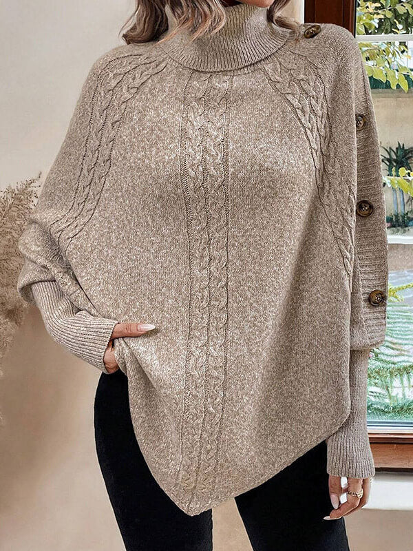 High Neck Button Up Long Sleeve Batwing Sweater