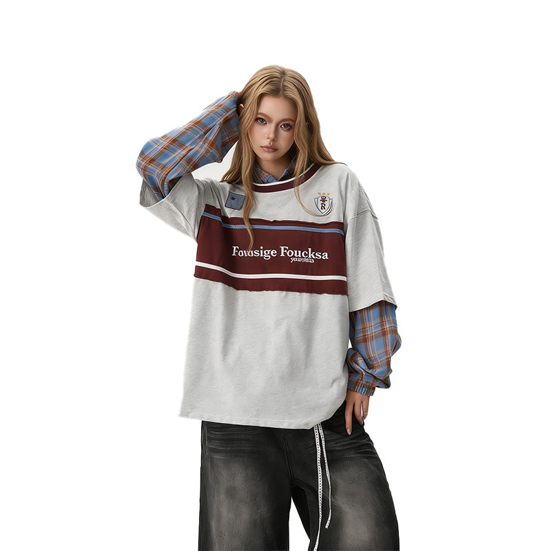 REINAREA Unisex Embroidered Paneled Short-Sleeve T-Shirt Preppy Style Couple’s Quarter-Sleeve Top