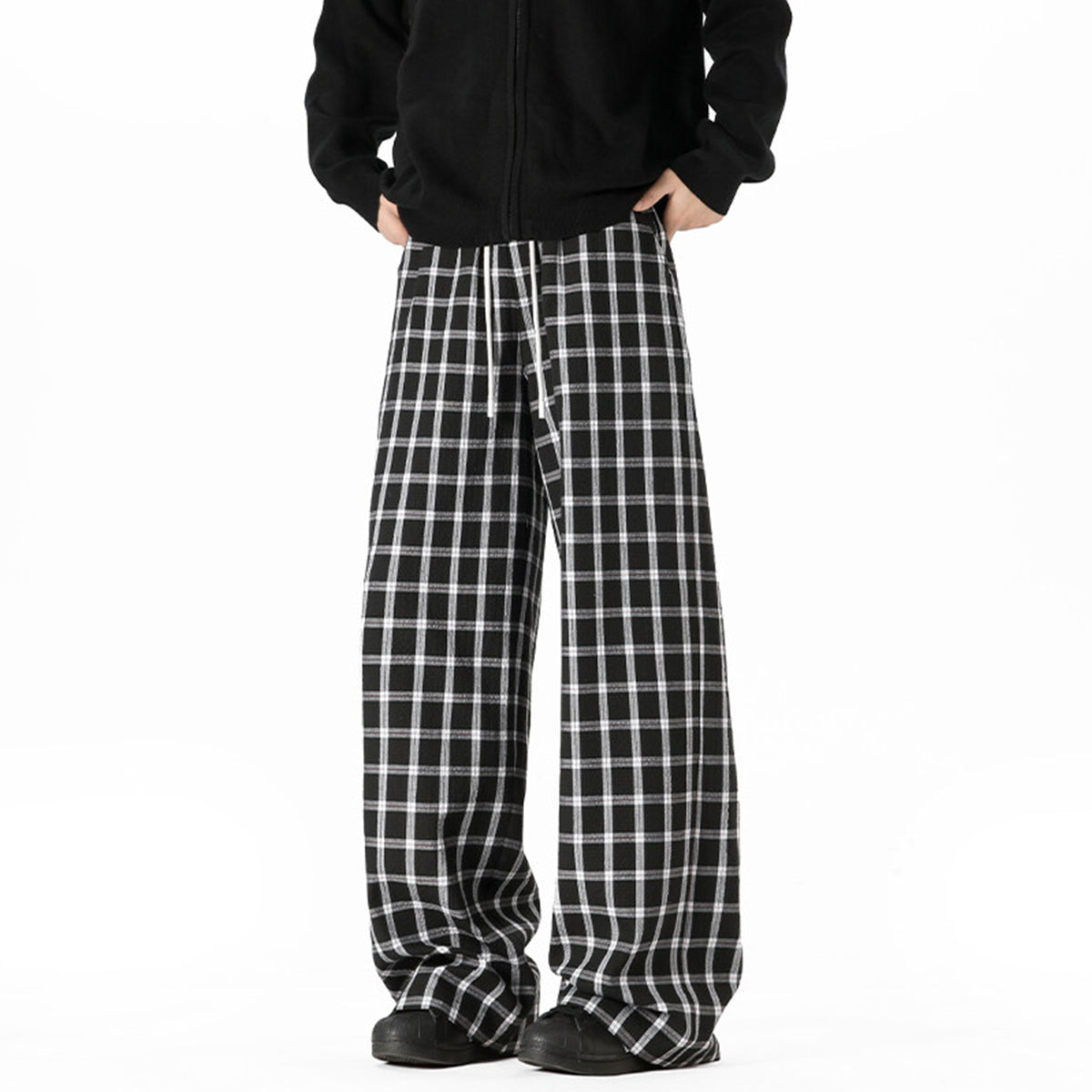 REINAREA Unisex American Retro Blue Plaid Pants Loose Straight-Leg Casual Trousers