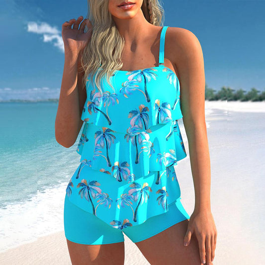 Turquoise Printed Ruffled Tankini Shorts Swimwear Set