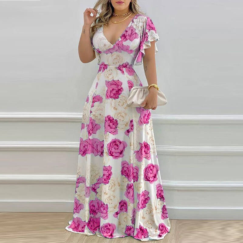 Floral V-Neck Waist-Slimming Printed Dress