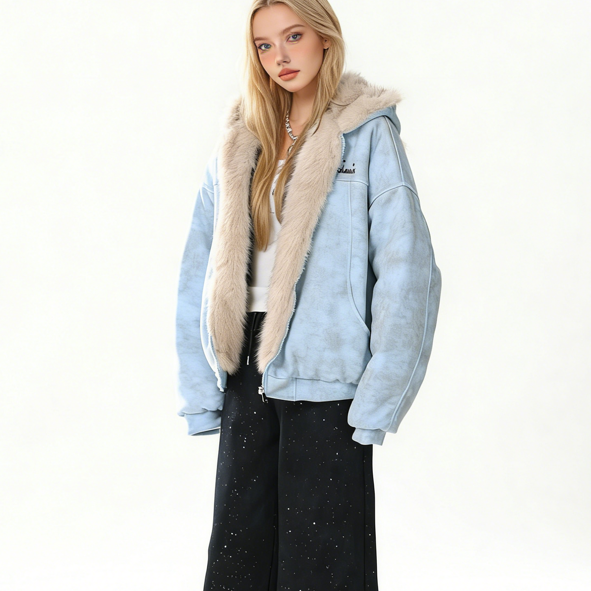 REINAREA Women's Bear Ear Suede Coat Faux Fur Collar Warm Cotton Jacket