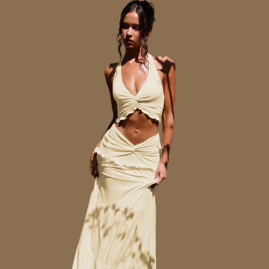 REINAREA Women Vacation Style Knot Halter Tie Top & V‑Shape Long Skirt 2 Piece Set
