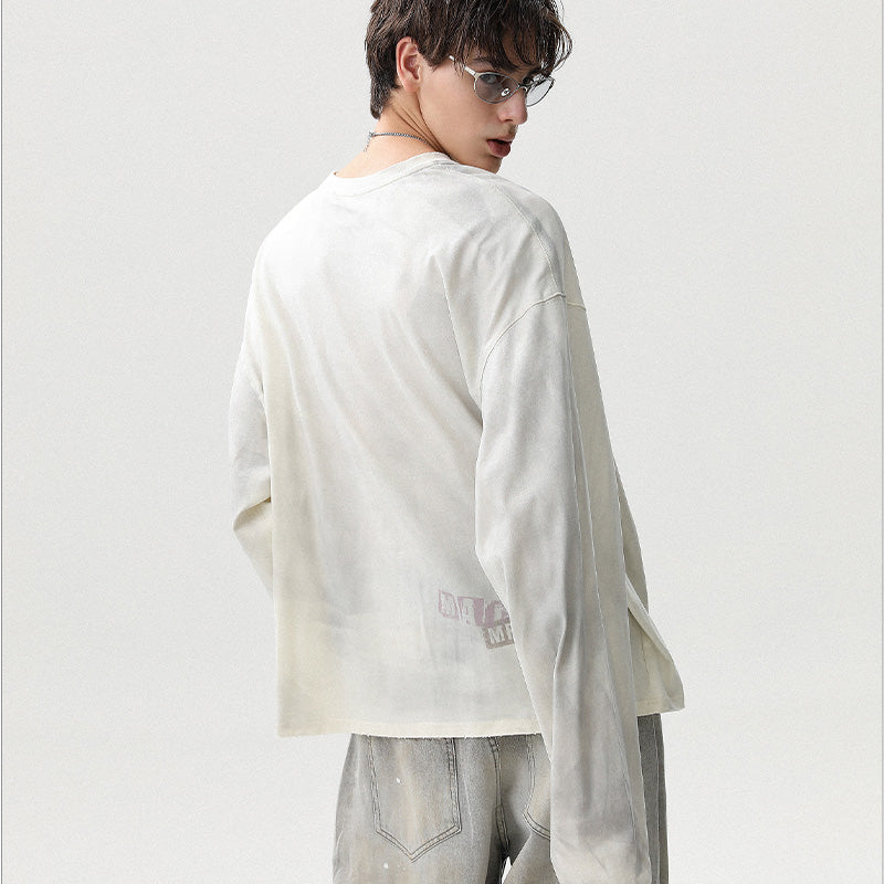 REINAREA Unisex American Retro Washed Cotton Long-Sleeve T-Shirt Loose-Fit Top