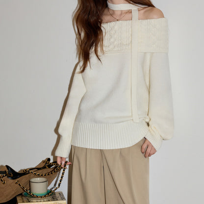 REINAREA Korean Lazy Style Off-the-Shoulder Cable-Knit Sweater Women’s Cold-Shoulder Top【083】