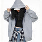 REINAREA Fleece-Lined Hooded Loose Sweatshirt Cardigan(Gray,Navy Blue,Dark Gray)