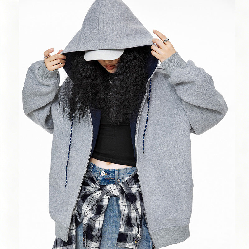 REINAREA Fleece-Lined Hooded Loose Sweatshirt Cardigan(Gray,Navy Blue,Dark Gray)