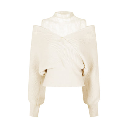 REINAREA Women's Fake Two-Piece Cold Shoulder Top One-Shoulder Patchwork Knit Blouse【111】