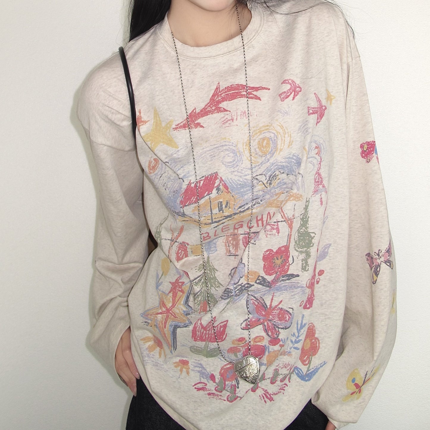 REINAREA New Spring Summer Fun Graffiti Print T-Shirt - Long Sleeve Casual Top