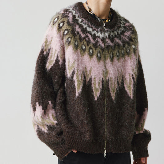Christmas Brown & Pink Fair Isle Long-Pile Wool-Blend Cardigan