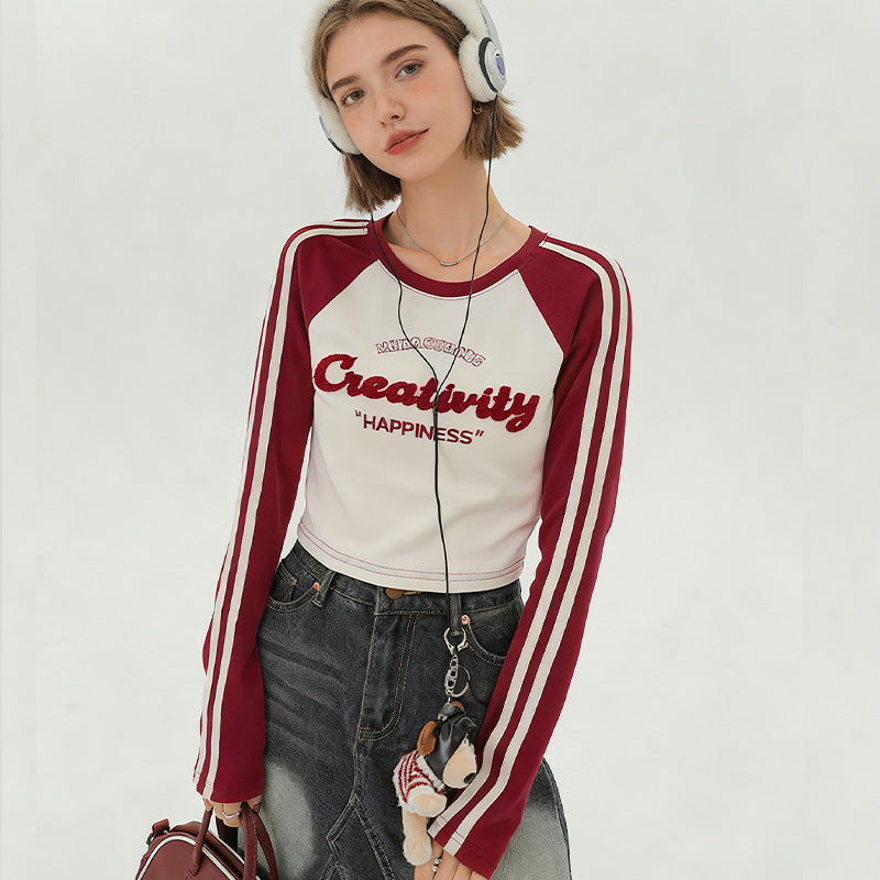 REINAREA Women’s Y2K-Inspired Raglan Long-Sleeve T-Shirt Cropped Top