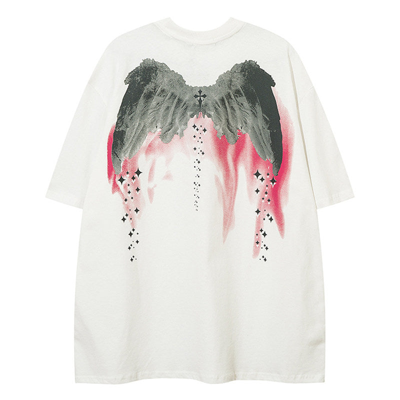 REINAREA Ink Wash Painting Angel Wings Print T-Shirt Unisex American Street Style Cotton Short-Sleeve Top
